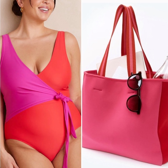 summersalt Other - NEW Summersalt Swimsuit AND Tote One Piece Perfect Wrap Swimsuit Red Pink